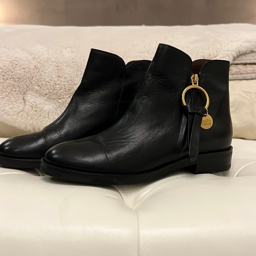 Black leather See by Chloe booties (Louise leather ankle boots).